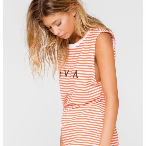 NWT RVCA Strokes Womens Tank - Orange White Stripe - Picture 2 of 10